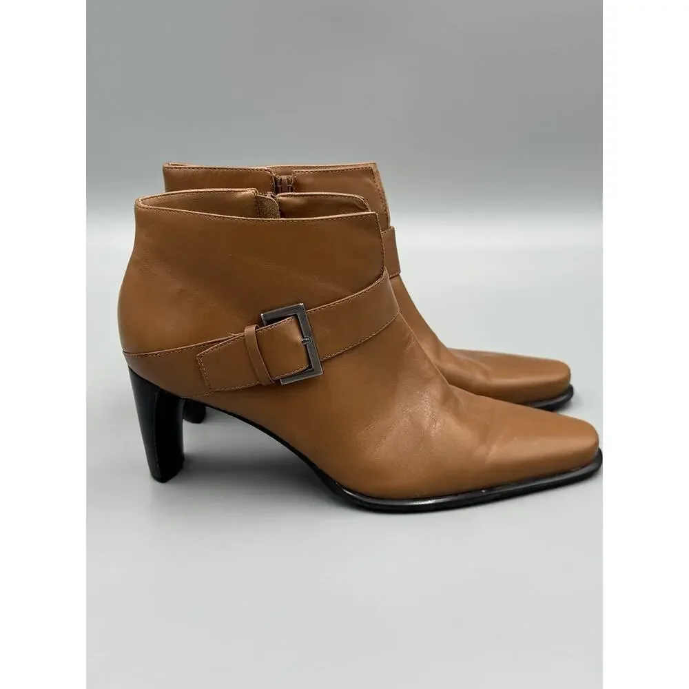 Franco Sarto Women’s Brown Leather Ankle Bootie Zip Side Buckle Sz 9M